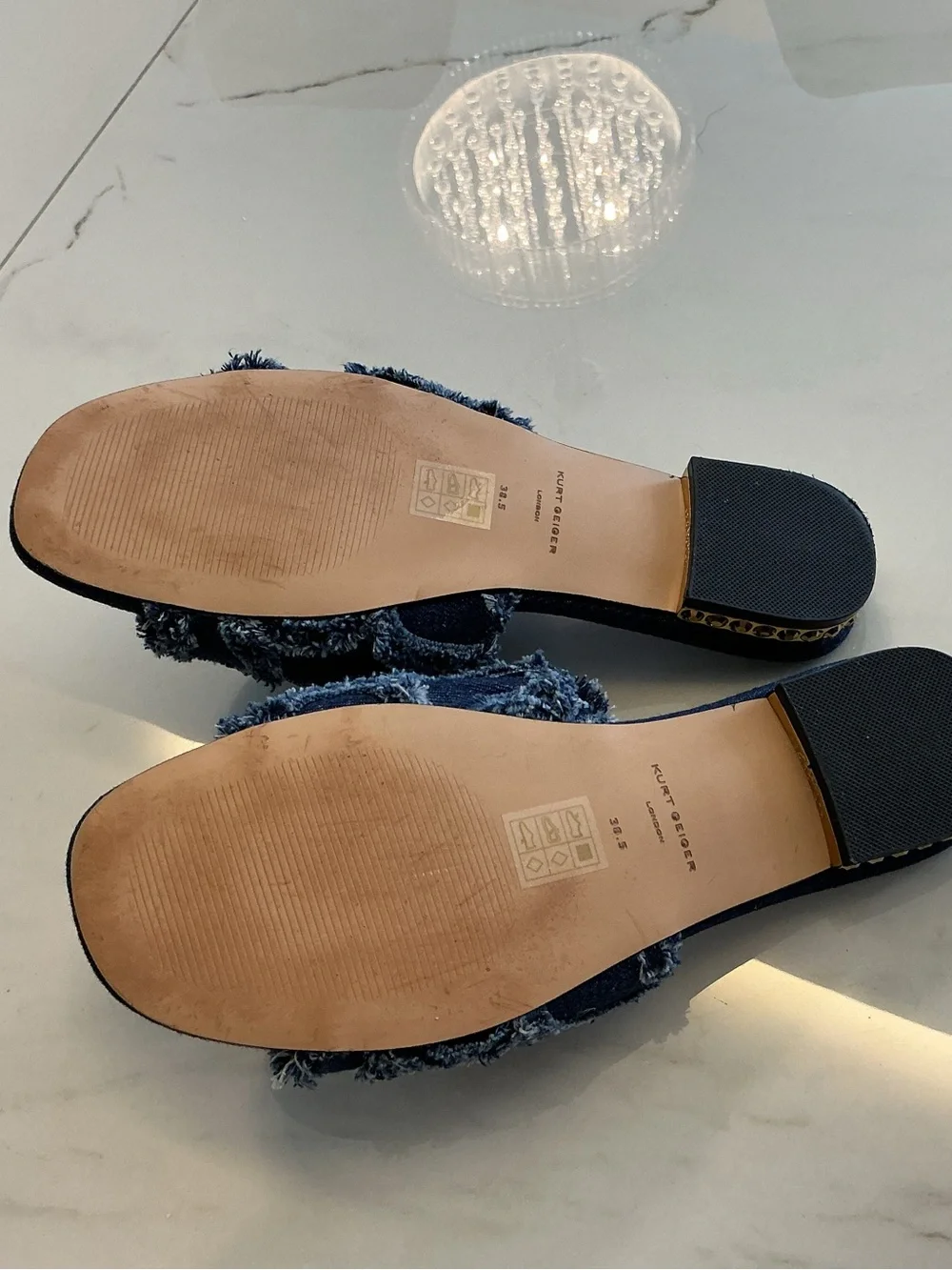 Kurt Geiger Distressed Denim Slide Mules with Gold Emblem